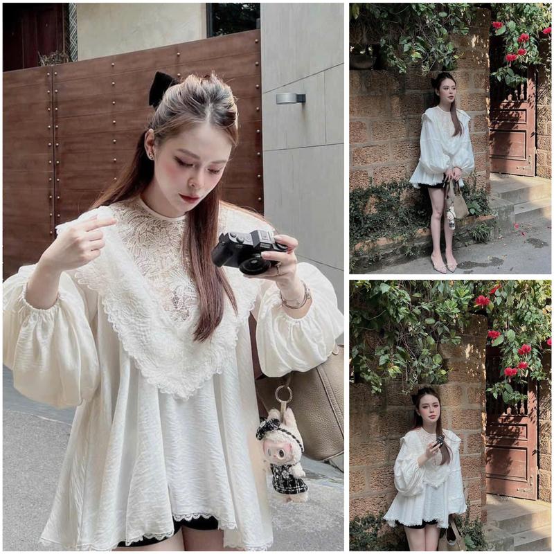 Váy áo babydol đũi vân phối cổ ren Tiểu Thư sang chảnh aline Nữ Voi Women Voan Dress Viền Ren Dress Viền Ren Trắng Trắng