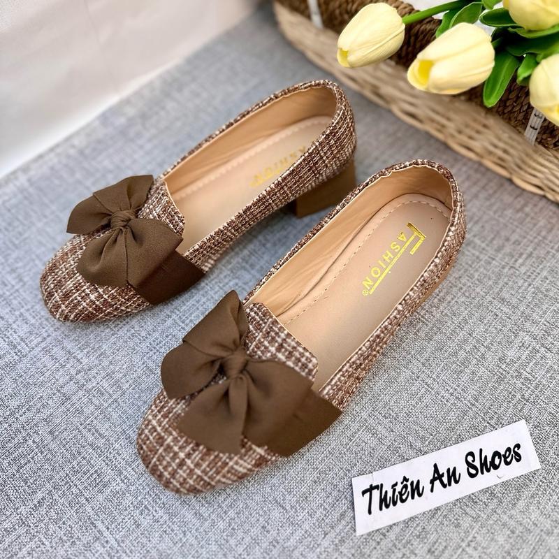 ( Form nhỏ, đặt tăng size) Giày nữ chất dạ kẻ nâu đế 4 phân TA12 Shoes Giày Bệt