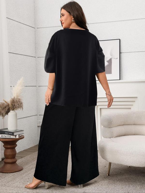 【Plus Size】 Two-Piece Set Solid Color Top & Straight Leg Pants, Casual Fashion Cozy Short Sleeve Round Neck Top & Trousers for Daily Outdoor Wear, Women's Two-piece for All Seasons 1