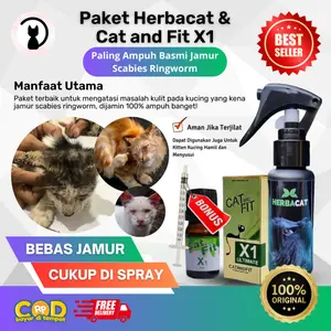PAKET MANJUR Bebas Jamur Scabies Obat Kucing Cat and Fit X1 Herbacat Mengatasi Parasit Bulu Kitten Ketombe Kulit Kucing