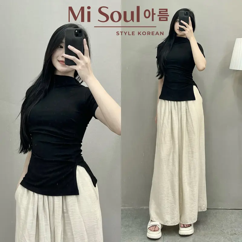 Áo Thun Cổ 3 Phân Cộc Tay Nữ Nhúm Sườn Xẻ Tà BigSize MiSoul, Áo Thun Nữ Cộc Tay Xẻ Tà BigSize MiSoul 218 Top Cổ Tròn Women Sơ Mi 4
