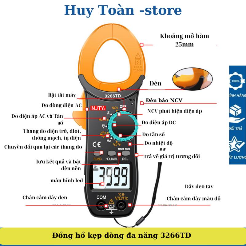 Ampe kìm Đồng hồ kẹp dòng vạn năng NJTY 3266TD đo tụ, tần số, nhiệt độ, điện trở, điện áp