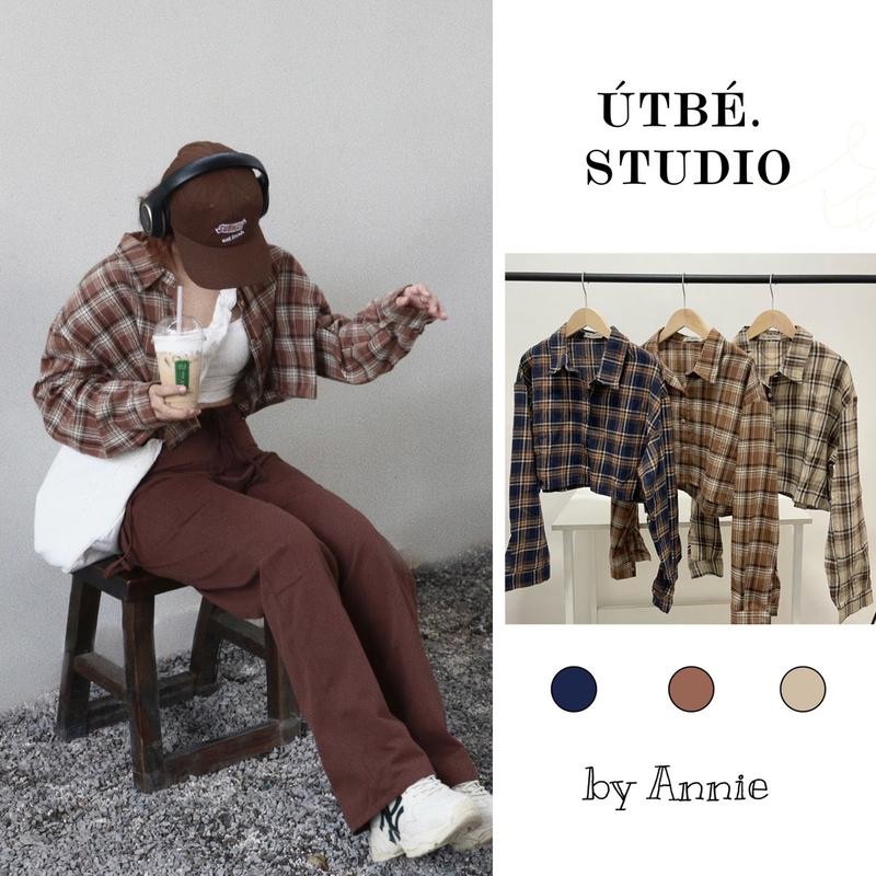 Áo sơmi croptop tay dài kẻ sọc caro phong cách vintage cho Nữ - ÚTBÉ.STUDIO