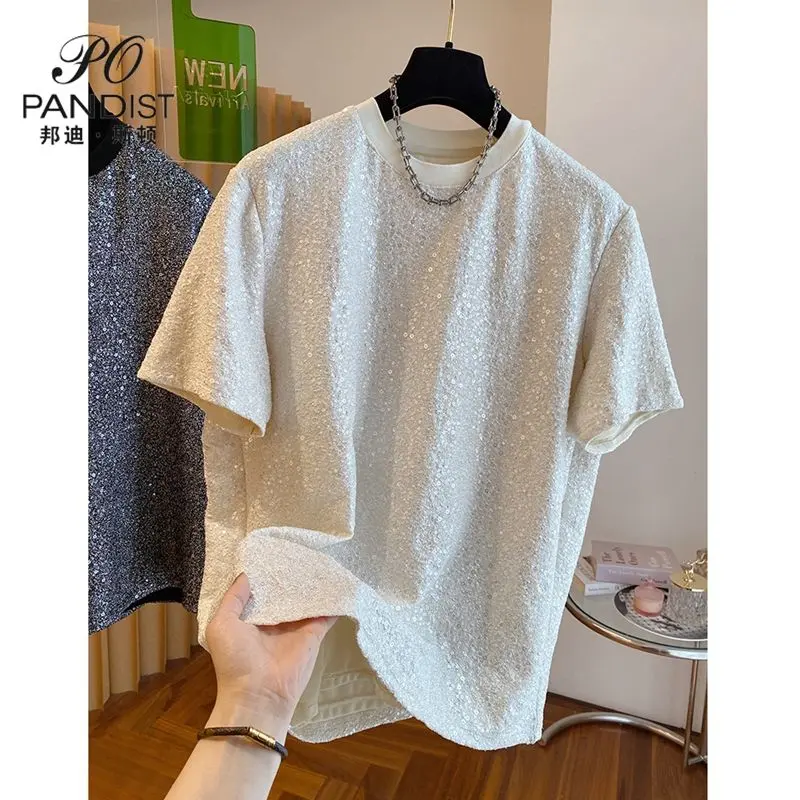 Áo Thun Đính Kim Tuyến Hàng Mới Về, Phong Cách Sang Trọng Độc Đáo Cho Nam, Chất Lượng Cao, Áo Thun Ngắn Tay, Hợp Xu hướng, Áo Thun Nam Hàng Đầu Menswear Cổ Tròn