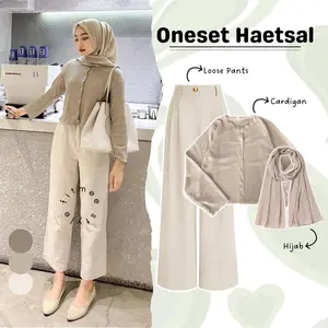 RAMADHAN SALE Haetsal Setelan Wanita 3in1 Outer Cardigan Crop Waffle, Celana Kulot Loose Pants Poliester, Hijab Bella Square Oneset OOTD Kampus Kekinian Simple Casual Panjang Baju Fit Katun Muslim