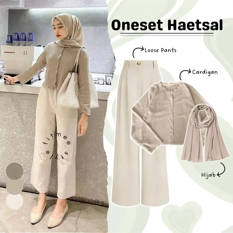 RAMADHAN SALE Haetsal Setelan Wanita 3in1 Outer Cardigan Crop Waffle, Celana Kulot Loose Pants Poliester, Hijab Bella Square Oneset OOTD Kampus Kekinian Simple Casual Panjang Baju Fit Katun Muslim