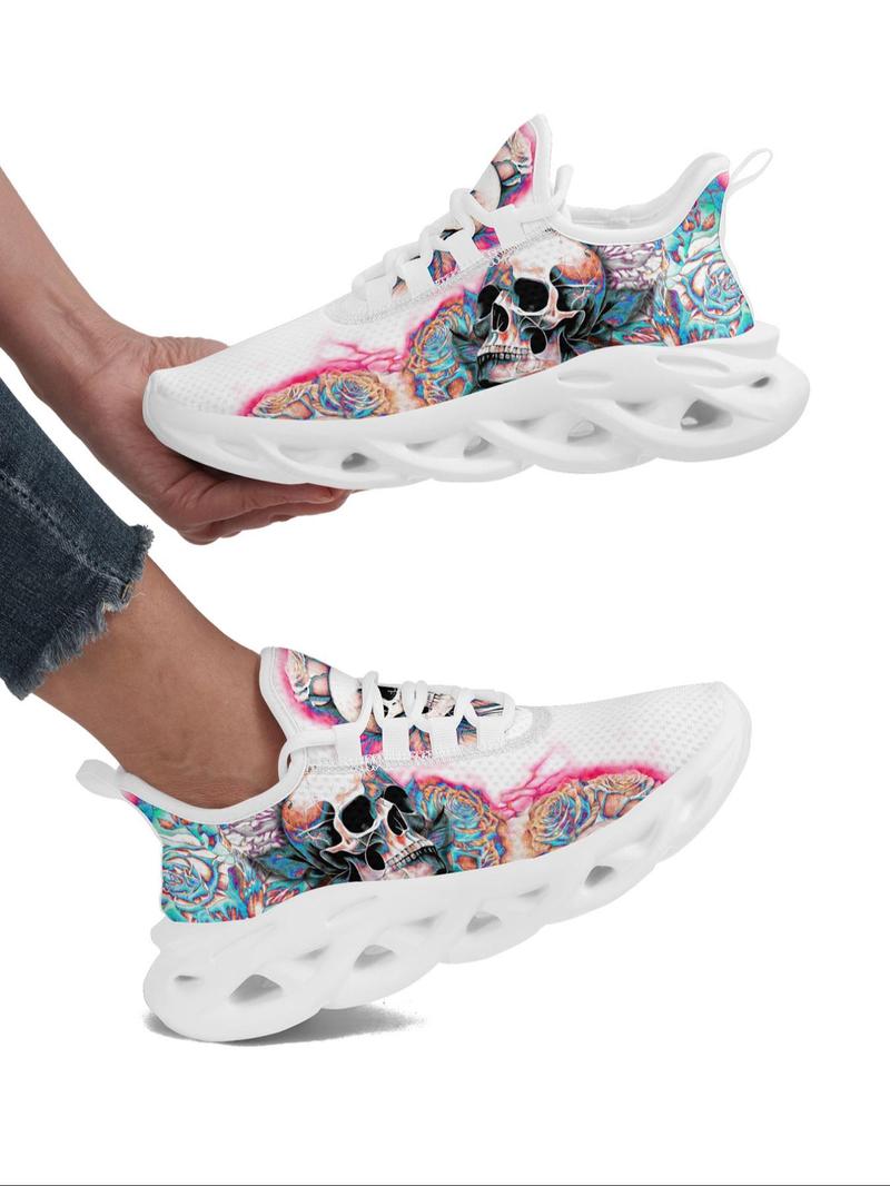 Product Introduction of Women's Trainers, Fashionable Skull & Floral Print Lace Up Low Top Sneakers, Casual Comfortable Blade Soles Sports Shoes, All-match Round Toe Chunky Sneakers for Daily 17