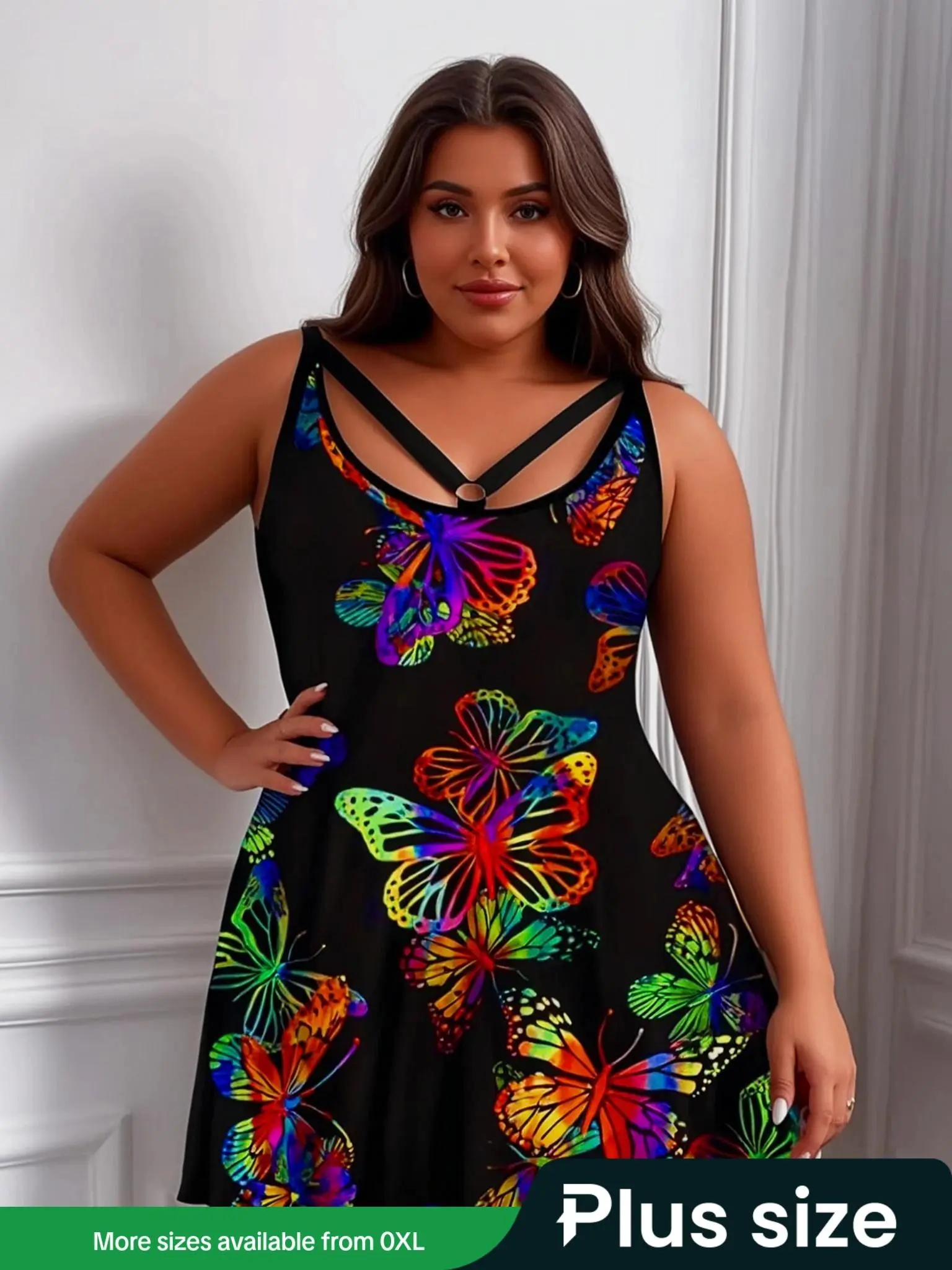 【Plus Size】 Butterfly Print Tank Dress, Casual Sleeveless Short Dress for Summer, Women's Plus Clothing for Daily Wear