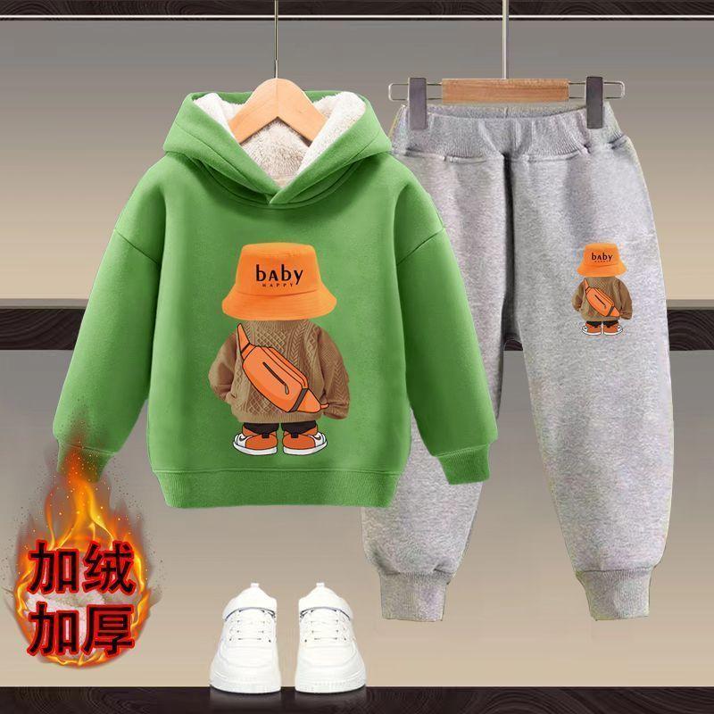 Bộ Đồ Áo Nỉ Có Mũ Trùm Đầu, Cho Trẻ Em, Lót Lông Cừu, Dày Dặn, Thích Hợp Cho Mùa Thu Và Mùa Đông, Cho Bé Trai Và Bé Gái, Phong Cách Phương Tây Mới, Bộ Đồ Ấm Áp Hai Mảnh, Trẻ Em 8