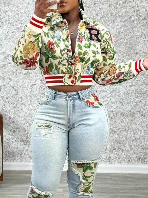 Women's Floral Print Crop Jacket, Casual Long Sleeve Outerwear for Fall & Winter, Ladies Clothes for Daily Wear 0