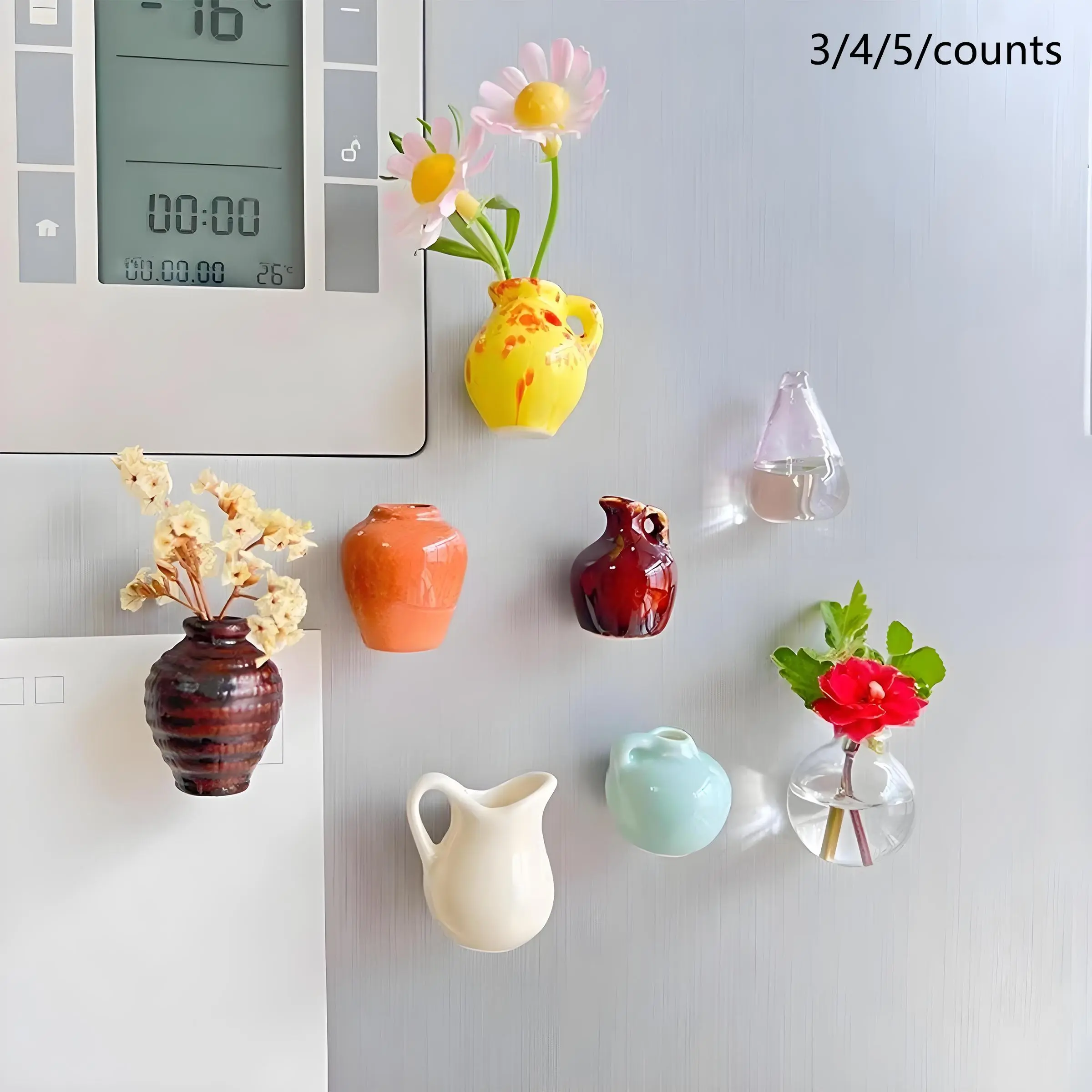 Creative Flower Vase Design Fridge Magnet, 3/4/5 Counts Mini Flower Vase Fridge Magnet, Refrigerator Decoration for Home Office Kitchen, Jar, Interior