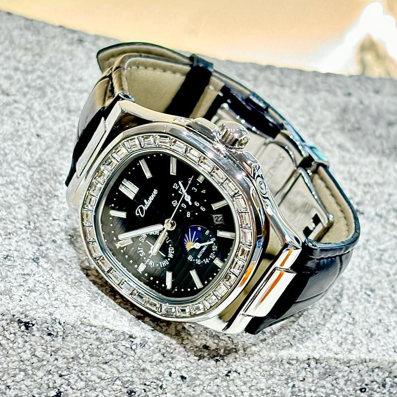 XẢ HÀNG Đồng Hồ Cơ Nam DULUNWE Tàu Ngầm 3 Mắt 6 Kim Viền Đá Dây Da Cọc Số Dạ Quang Size 40mm Đeo Tay Watch