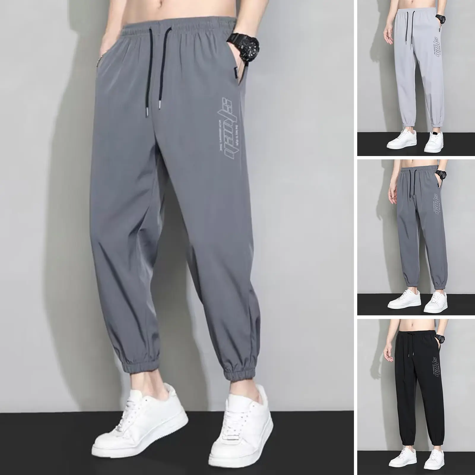 [SRE]Mid-rise Elastic Waistband Drawstring Pockets Letter Print Sport Pants Men Ice Silk Thin Jogging Sweatpants Tracksuit