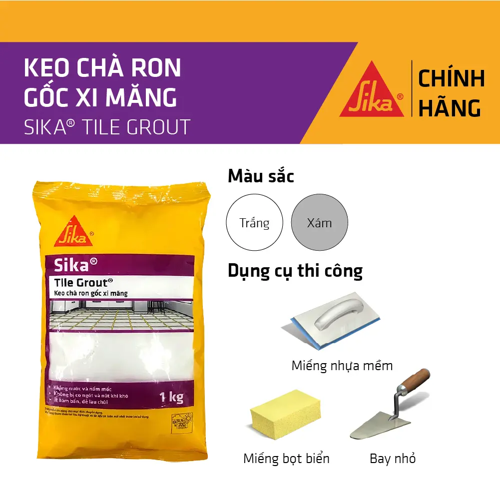 (CHÍNH HÃNG SIKA VN -DATE MỚI) Keo chà ron, chà mạch chống thấm chống rêu mốc cá sấu màu trắng, xám, đen 1kg Made in Thailand