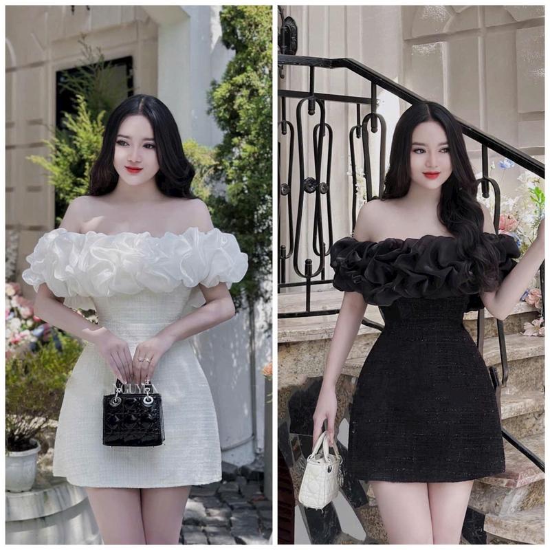 Đầm dự tiệc trễ vai phối bèo sang trọng VISION Dress Trắng Kem Voan Nữ Women