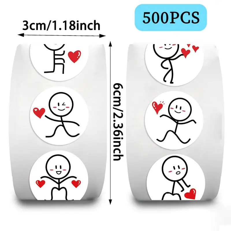 Cartoon Stick Man & Heart Pattern Sticker (500pcs/roll), Self-adhesive Sticker, Decorative Label for Envelope Seal, Holiday Sticker, Ornaments 1