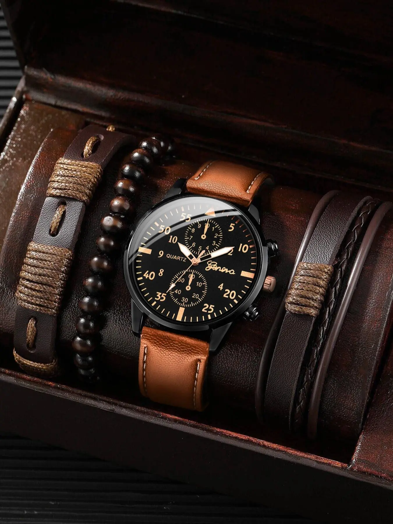 Men's Fashion Simple Pu Leather Strap Digital Pointer Quartz Watch, with Beaded & Braided Bracelet Set, Trendy All-match & Exquisite Watch Set for Birthday Gift without Box