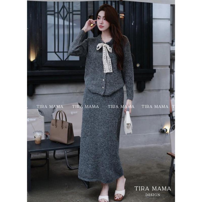   Tira Mama Design M455 Set váy Len bầu Lông Thỏ dệt nổi Set áo Cổ Nơ Ren Dáng Tiểu Thư Phối Chân Váy Dài Ấm Áp 