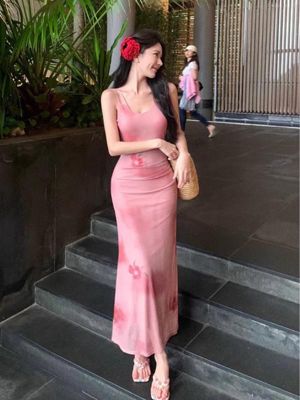 3303 đầm hồng hoa nữ xinh ôm dây body dáng dài nàng  hở lưng xinh nhẹ nhàng thơ dạo phố đi biển tiệc sinh nhật thanh lịch