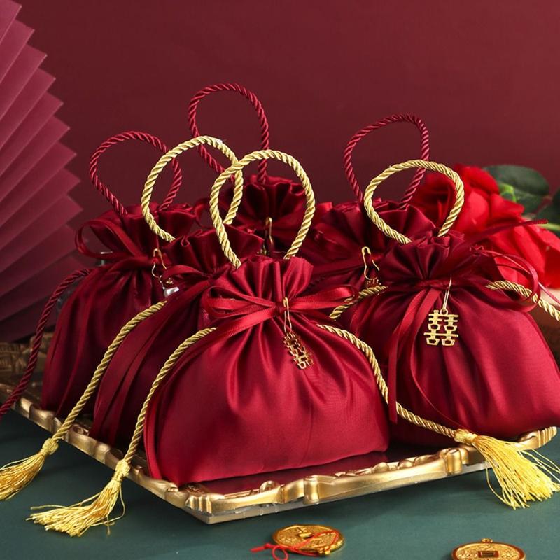 Drawstring Package Bag Velvet Drawstring Candy Bag Non-woven Fabrics With Drawstring and Tassels Flannel Gift Bag Wine Red Exquisite Chinese Traditional Wedding Gift Bag Wedding 1