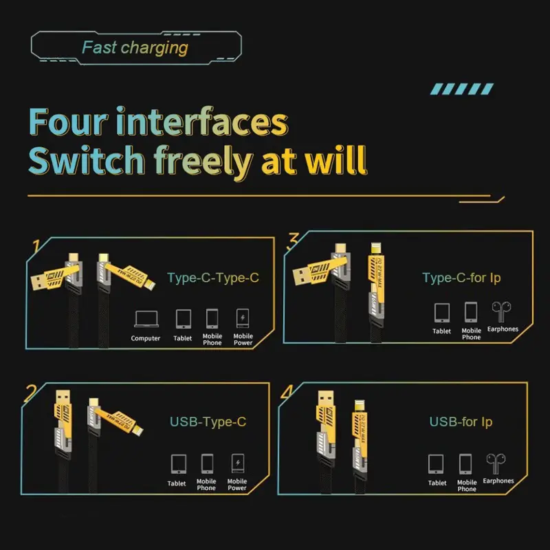 Dây Cáp sạc nhanh 4 in 1 PD22.5W sạc Usb-Type C , Type C-TypeC, Type C - Lightning, USB - laining - Đa năng đa dụng  Phụ Kiện Sạc Điện Thoại 8