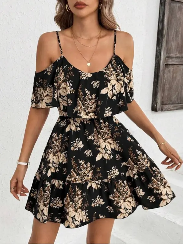 Women's Floral Print Cold Shoulder Ruffle A Line Dress, Boho Flounce Sleeve Short Dress for Beach Holiday Vacation, Ladies Summer Clothes 4