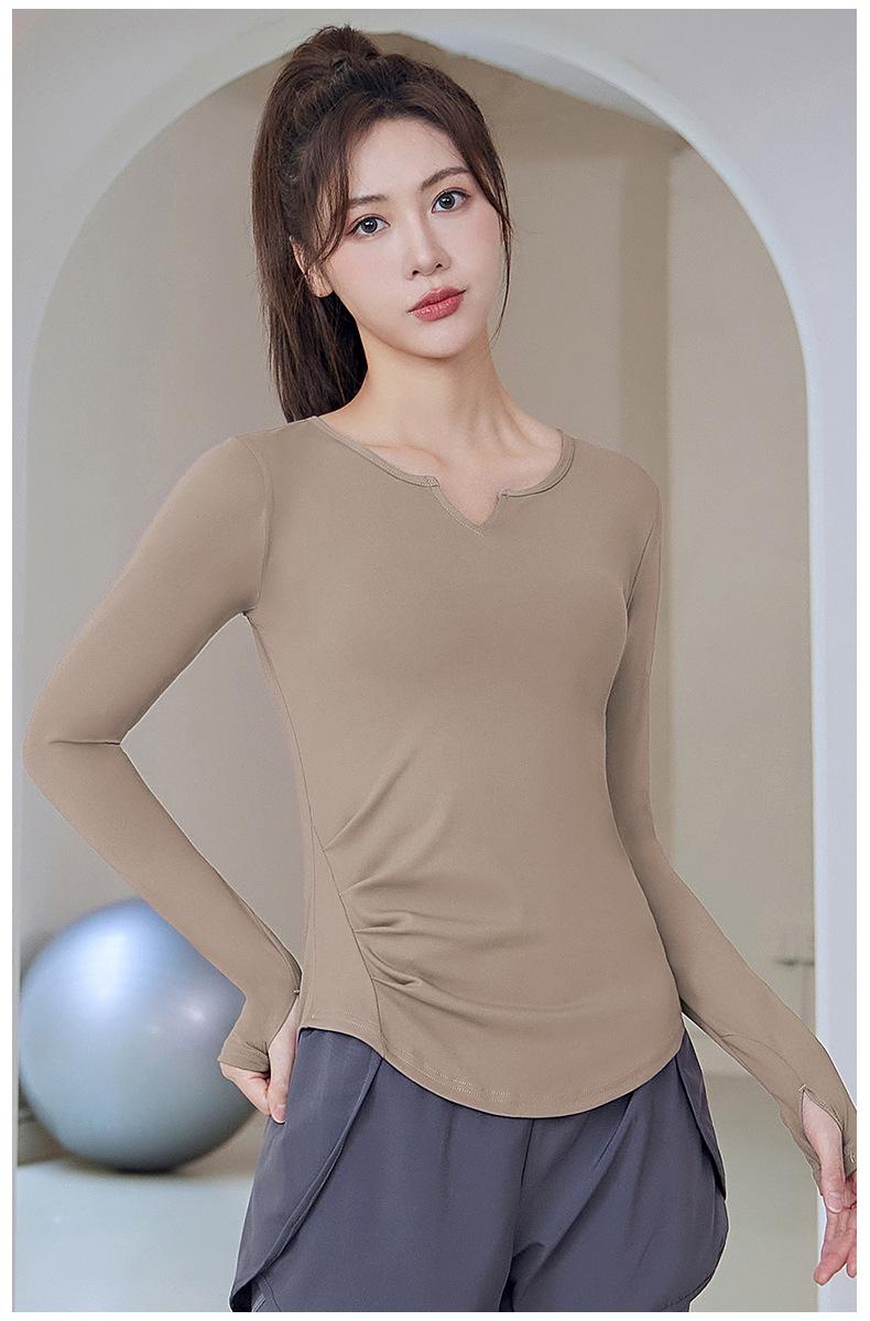 Product Introduction of New Running Sports Fitness Women'S Solid Color V-Neck Hoodie Long Sleeve Yoga Top 11