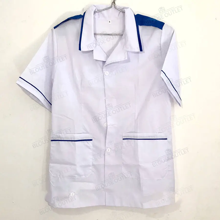 Bộ quần áo blouse trắng viền xanh có CẦU VAI XANH cho thực tập sinh, áo blouse trắng điều dưỡng, y tá, dược sĩ