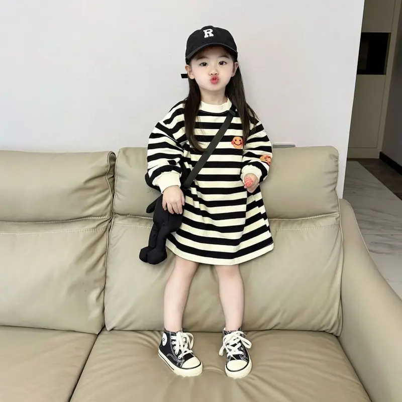Váy Bé Gái, Phong Cách Phương Tây, Váy Len Dài Trung Bình Thiết Kế Mặt Cười Cho Trẻ Em, Váy Dài Tay Thường Ngày Kẻ Sọc, Hợp Xu hướng, Thích Hợp Cho Bé Gái 6