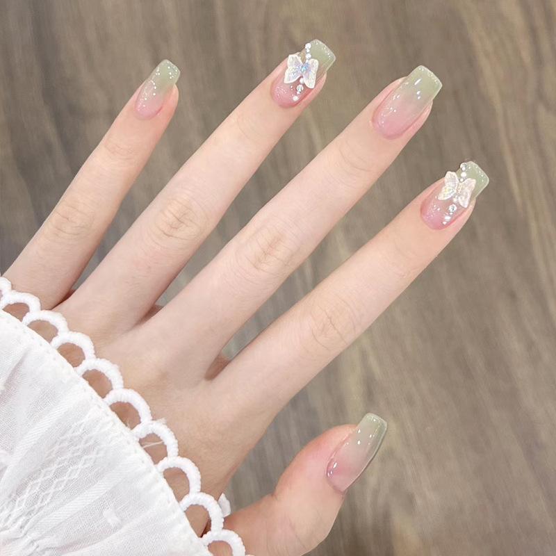 24pcs Ombre 3D Butterfly Decor Glitter Long Square Fake Nail, Press on False Nail For Women & Girls, Removable Nail Art Artificial Full Cover, Women Girls DIY Manicure 3
