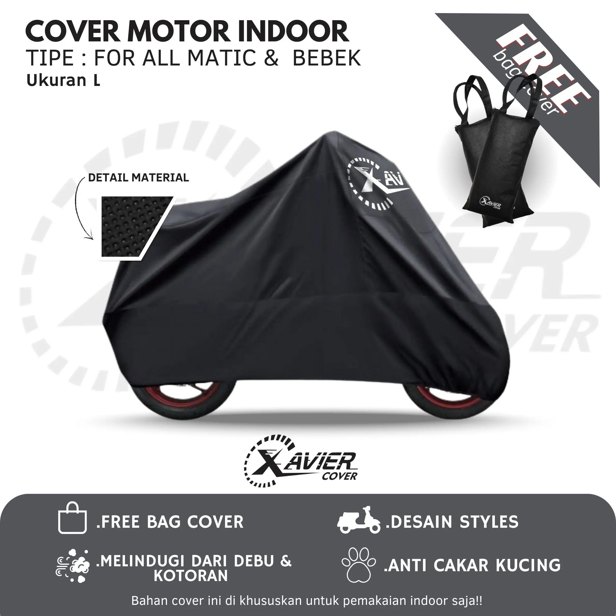 Cover Motor Indoor Murah Xavier Uk L Untuk Tipe All Matic Kecil Vespa ,All Vario ,Beat ,Scoopy ,Mio ,FreeGo ,Fino Dll