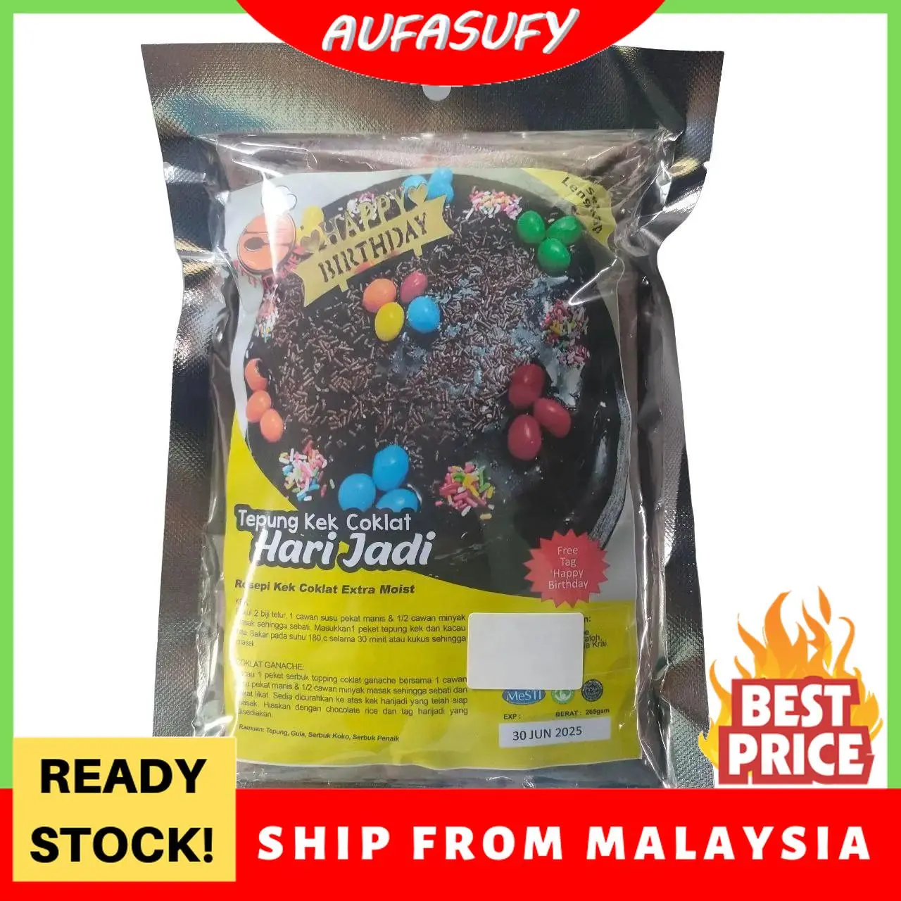 Tepung Kek Coklat Moist Bersama Tag Happy Birthday Choc Food Topping Sederhana Manis