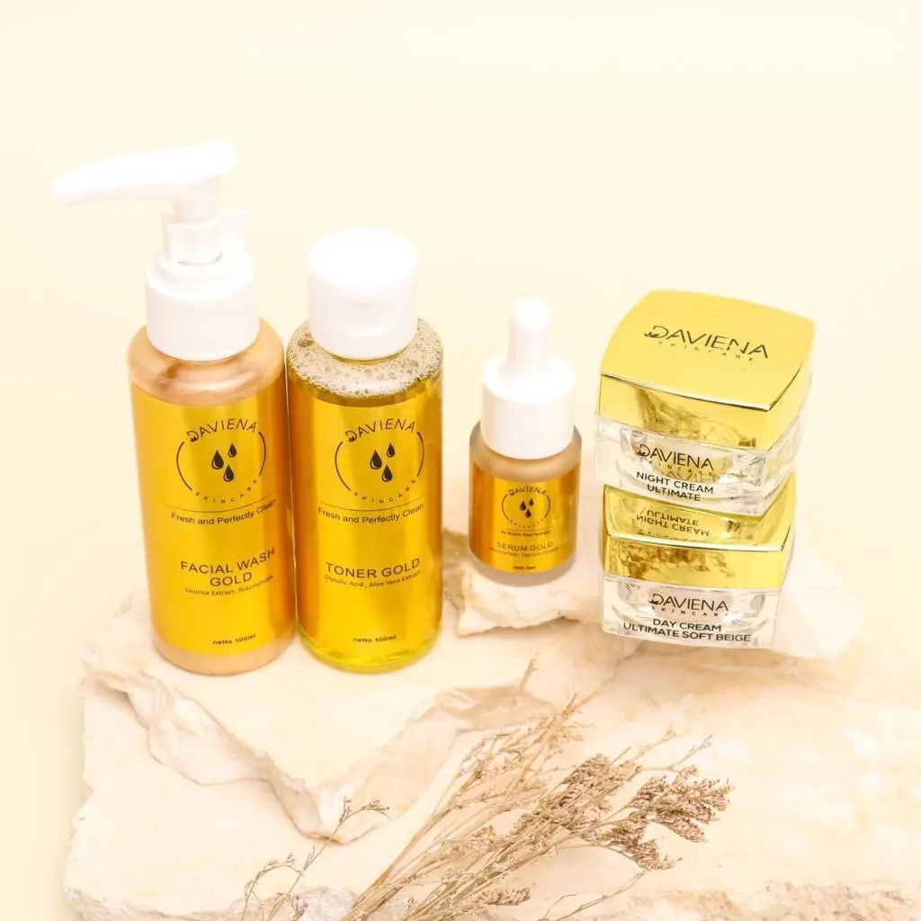 Daviena paket skincare gold series untuk wajah susah putih dan flek hitam Facial Kotoran Kerutan Membersihkan Mengencangkan Mencerahkan Perawatan
