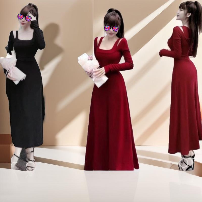 Đầm body dáng dài xòe cổ vuông tay dài cut out vai phong cách Hàn Quốc chất thun tăm thái siêu xinh Nữ Women Dress Cổ Tròn Đỏ Voan