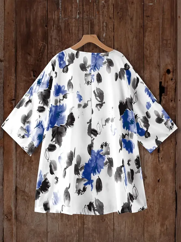【Plus Size】 Floral Print Curved Hem Cover Up Top, Casual Half Sleeve V Neck Top for Summer, Women's Plus Clothing for Daily Wear, Shirts 1