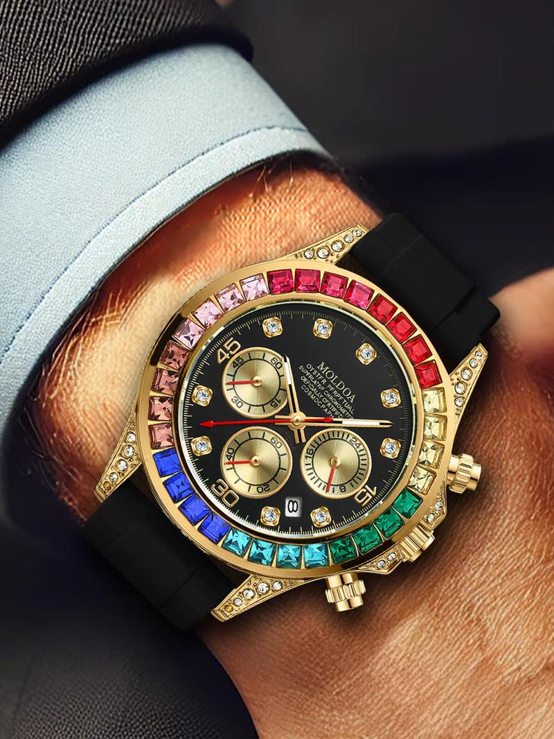 Product Introduction of Men's Business Fashion Rhinestone Decorated Analog Quartz Watch, Fashion Watch for Party, Daily Clothing Decor, Trendy All-match & Exquisite Watch Jewel for Birthday Gift with Box 5