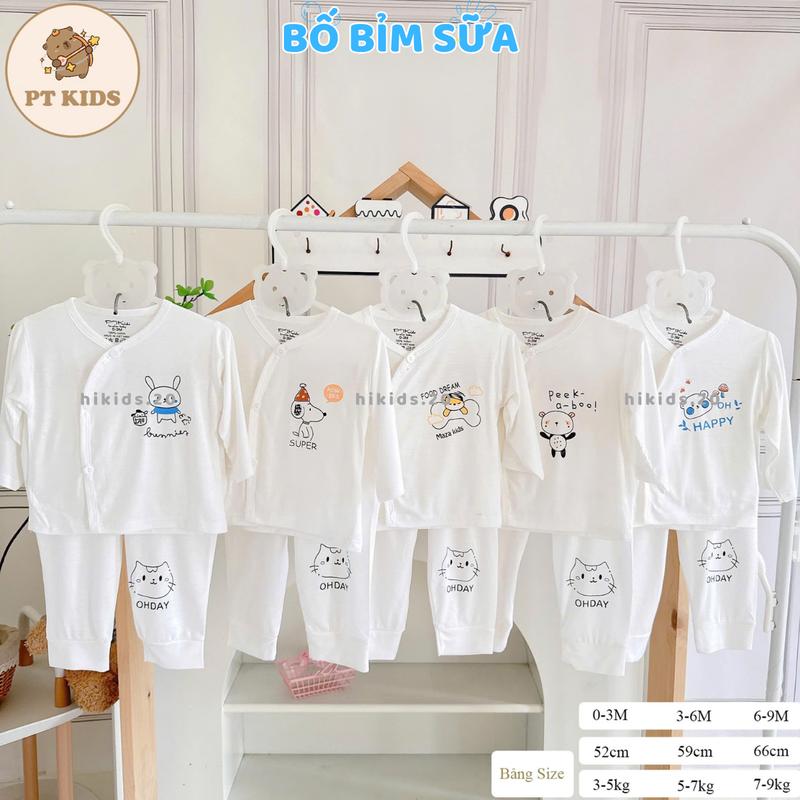 (Mỏng Mát) Combo 3 - 5 bộ quần áo dài tay sơ sinh trắng TT thun lạnh mềm mịn thấm hút mồ hôi in hoạ tiết cho bé 0 - 9 tháng [DL0] hi kids set đồ