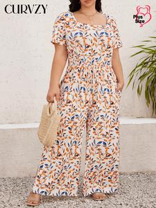 CURVZY Plus Size Leaf Print Drawstring Waist Wide Leg Jumpsuit, Boho Casual Short Sleeve Pocket Jumpsuit for Beach Vacation Holiday, Women's Clothes for Summer & Autumn