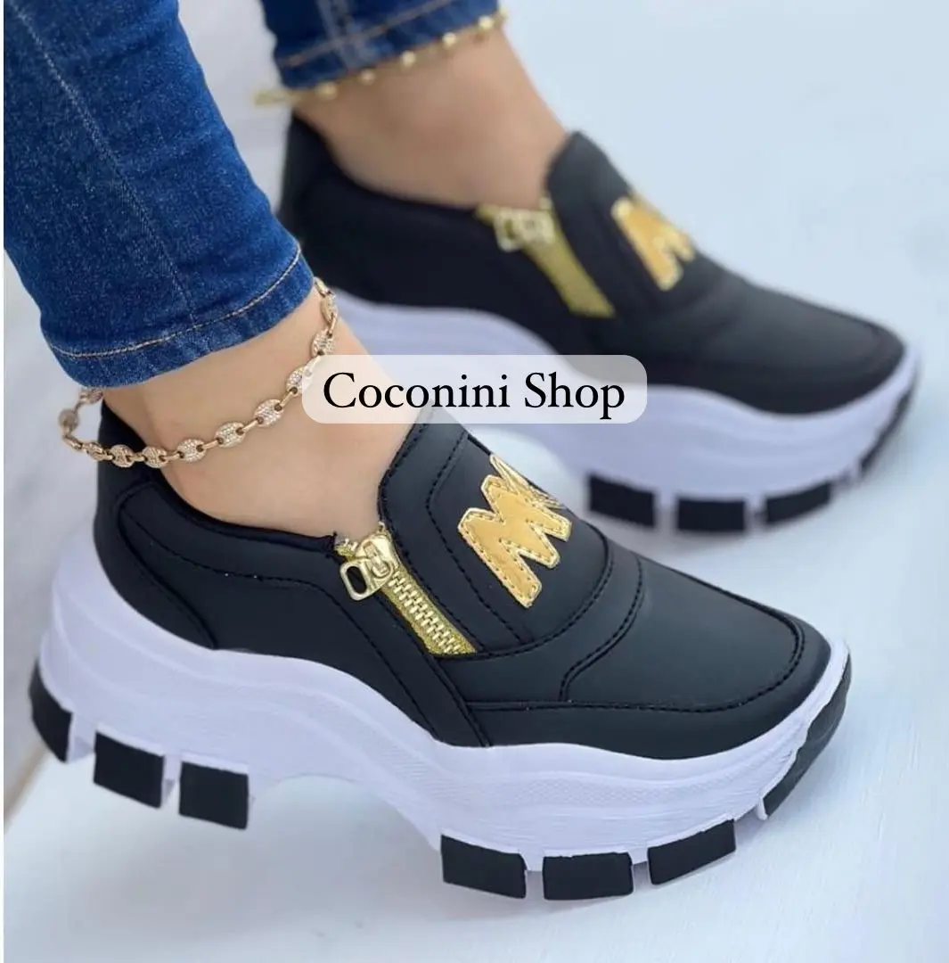 Coconini - Sepatu Sneakers Sport Wanita Slip on Zipper Sol Tebal Round Toe Casual Shoes Cewek Running Kasual Olahraga