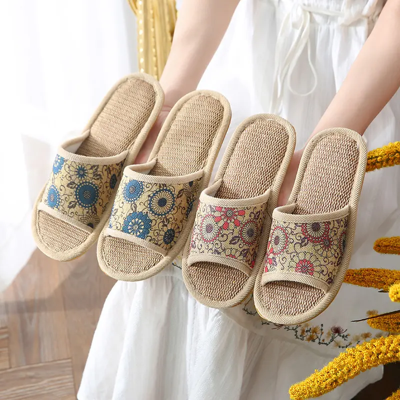 Summer Indoor Thick Sole Floral Linen Slippers for Women and Men Couples Home Non-Slip Wear-Resistant Household Cloth Slippers