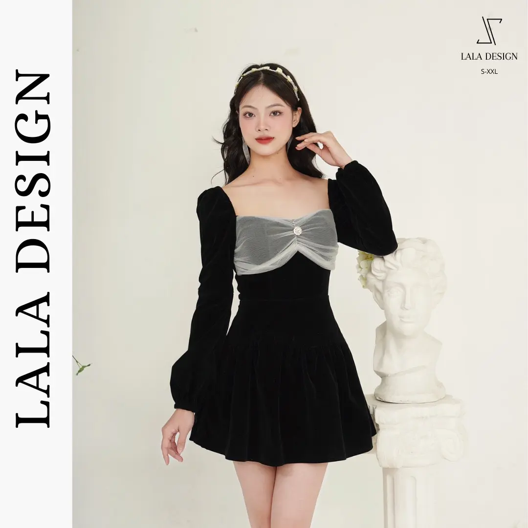 Đầm nhung dài tay phối nơ voan đính đá - Đầm dự tiệc tiểu thư sang chảnh VAA18 [LALA DESIGN] Nữ Dress
