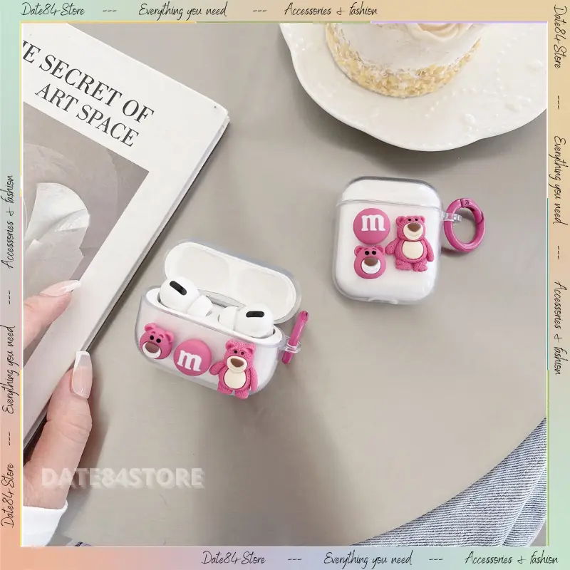 Vỏ đựng ốp case airpod gấu hồng cho tai nghe không dây bluetooth airpod 1/2/3 pro Date84store 2