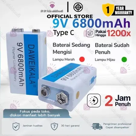 Baterai Cas Isi Ulang 9V Rechargeable Li-ion USB Type-C 6800 mAh D 9V / baterai 9v rechargeable volt bisa dicas kotak charger isi ulang / baterai 9 volt kotak recharger charger bisa cas / batu baterai 9volt 9 volt kotak murah