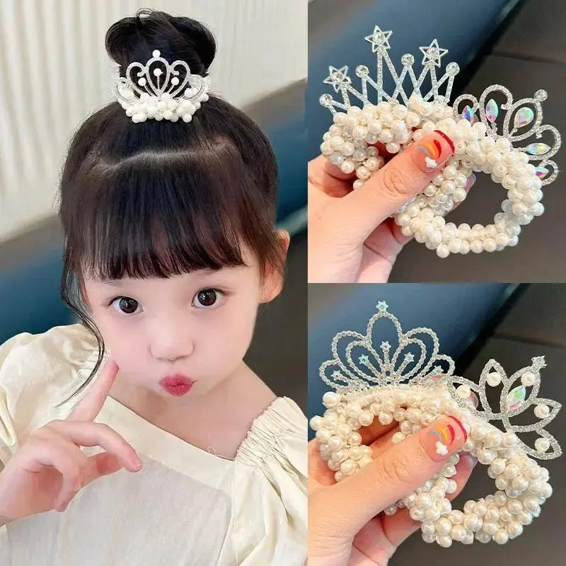 Vương Miện Ngọc Trai Băng Đô Công Chúa, Thời Trang, Dây Cao Su Đàn Hồi, Dành Cho Trẻ Em, Thích Hợp Cho Búi Tóc Bóng, Phụ Kiện Tạo Kiểu, Dây Buộc Ngọc Trai Tóc