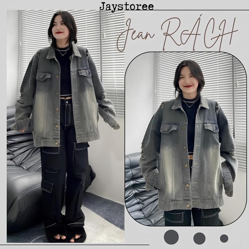 Áo Khoác Jean WAS RÁCH PHỐI ZIP TAY Có Túi Trong Form Rộng Unisex Nam Nữ  Áo khoác bò denim Jacket Top Women Xám