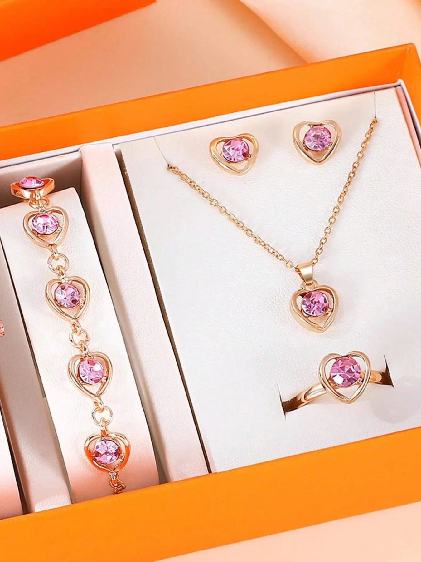 Women's Elegant Heart Jewelry Set, Rhinestone Necklaces & Bracelets & Earrings & Rings, Fashion Jewelry Set for Party & Daily Decor, Perfect for Gift, Valentine's Day, Gift