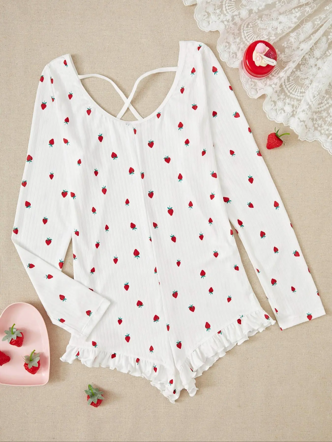 Women's Strawberry Print Criss Cross Ruffle Trim Sleep Romper, Casual Comfy Long Sleeve Scoop Neck Lounge Romper for Spring & Fall, Comfort PJ for Lady, Women's Sleepwear for Indoor Wear
