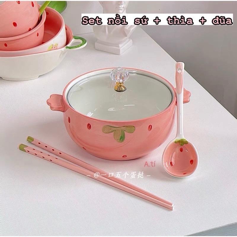 bát tô bát úp mì sứ dâu hồng tô canh hai tai có nắp đậy tô mì đựng thức ăn ăn lẩu salad cơm phở kèm muỗng sứ đũa
