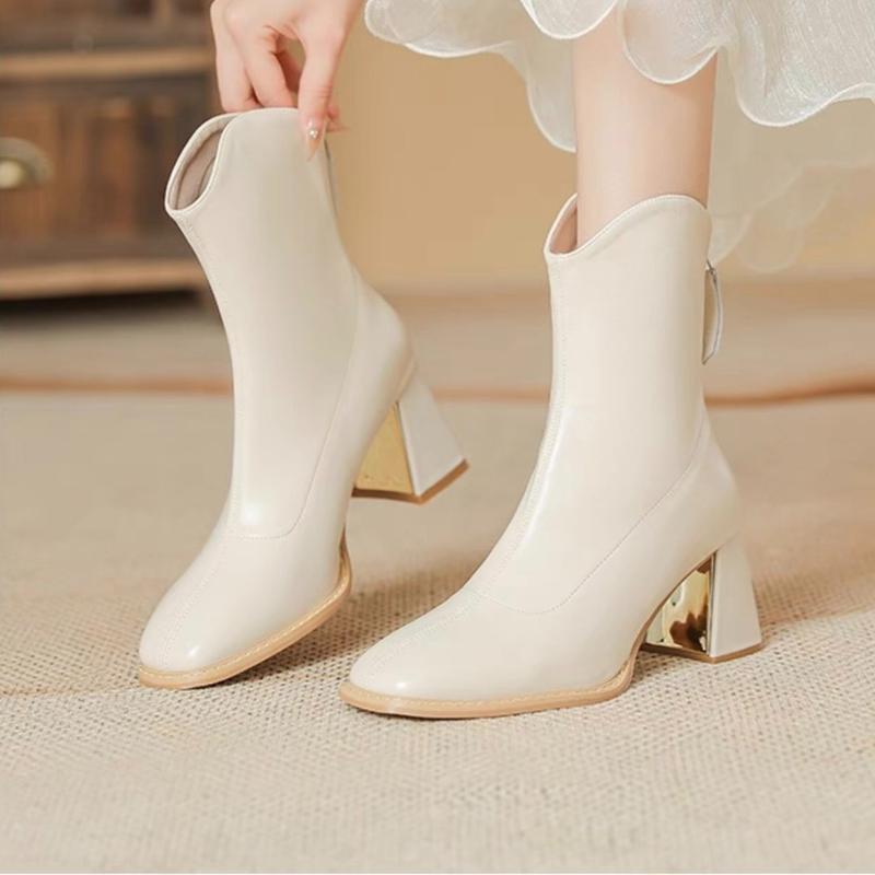 Bốt nữ da lì cổ V cao 7p lót lông gót tráng gương vàng cực đẹp và êm chân Boot Shoes Boot Shoes