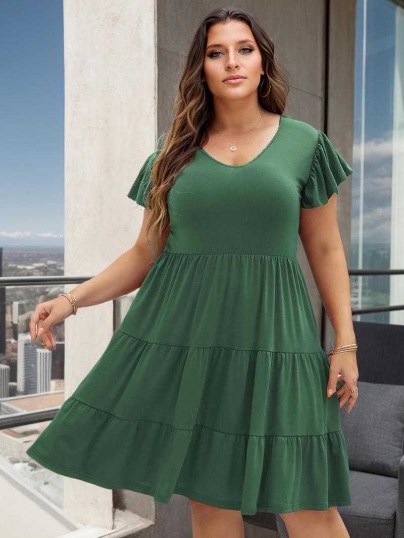 Product Introduction of 【Plus Size】 Solid Color Ruffle Hem Dress, Elegant Short Sleeve V Neck Dress for Women, Women's Plus Clothing for Summer 7